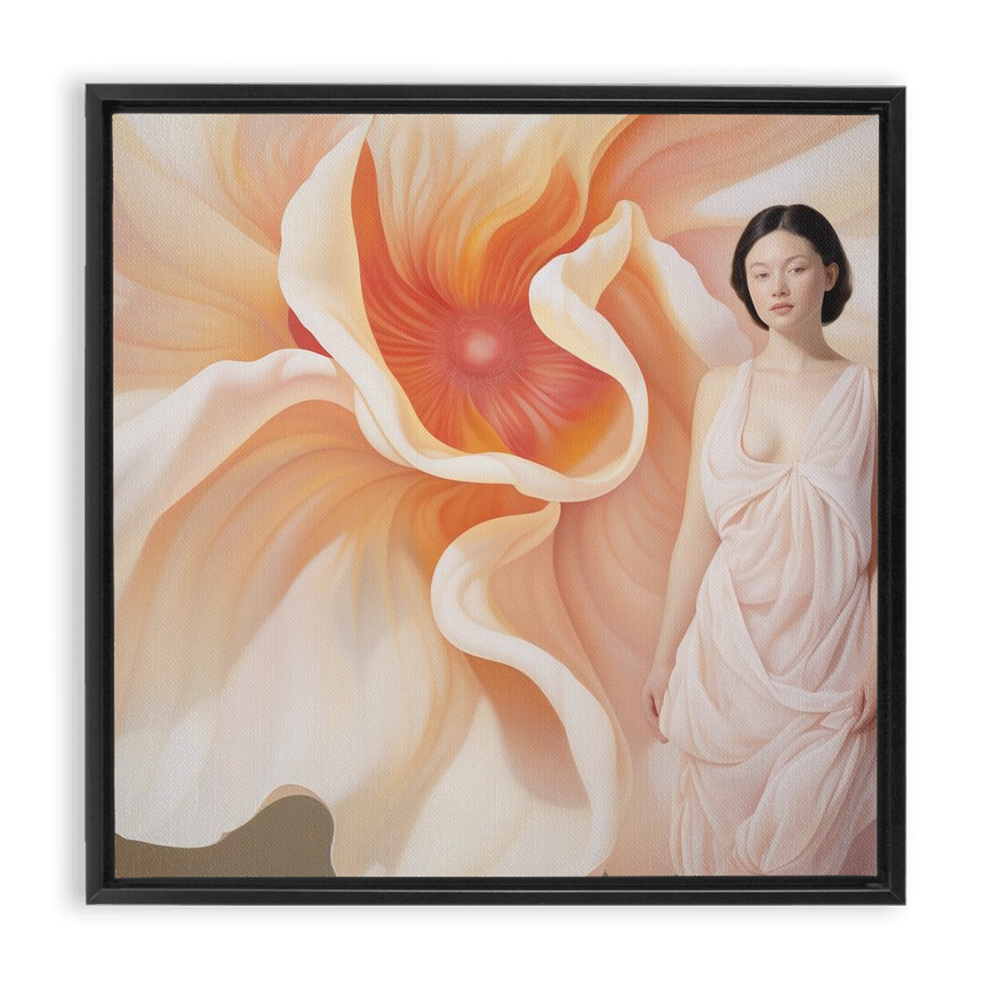 Framed painting depicting a woman in a white dress alongside a large, abstract orange flower.