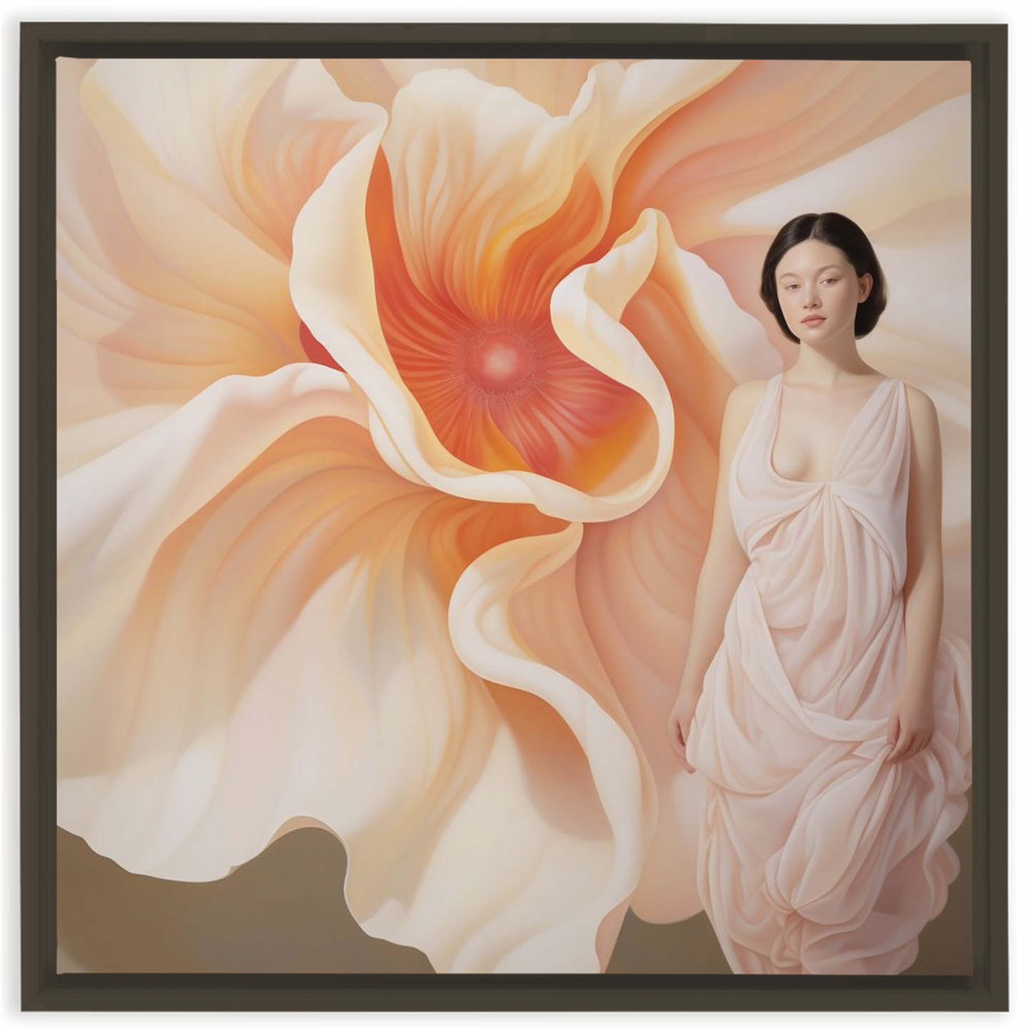 Delicate peach-colored flower with soft, curving petals surrounding a vibrant orange center.