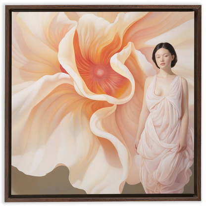 Delicate pink flower with soft, curving petals alongside a feminine figure in a flowing dress.