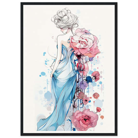 Watercolor-style illustration of a woman in a flowing blue dress adorned with pink roses.