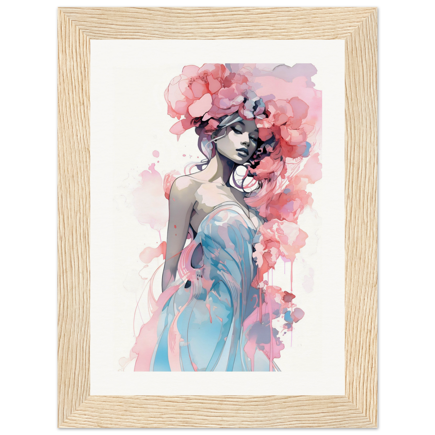 Watercolor painting of a woman with pink floral elements in her hair and a blue dress.