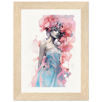 Watercolor painting of a woman with pink floral elements in her hair and a blue dress.