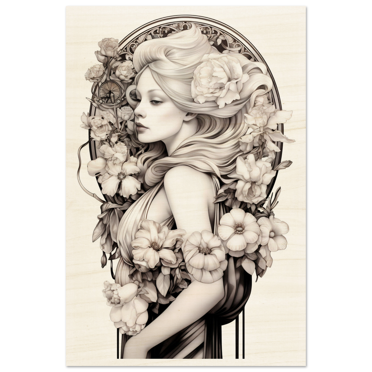 Portrait of a woman with flowing hair surrounded by ornate floral elements in a sepia-toned illustration style.