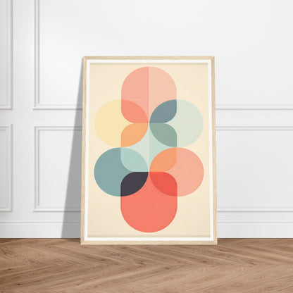 Framed abstract geometric art print featuring overlapping pastel-colored circles.