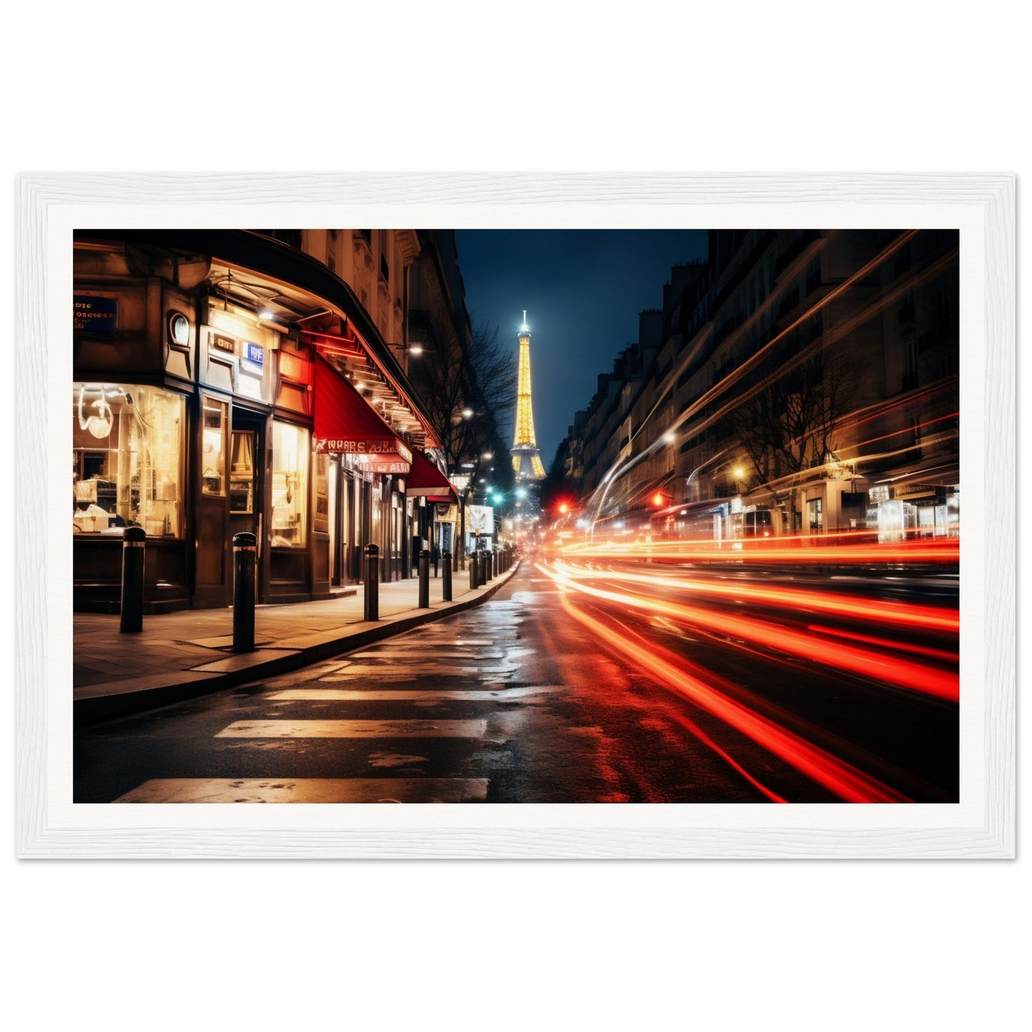 A photo of a street with a light streaking down it