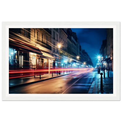 A photo of a street at night with a bus passing by