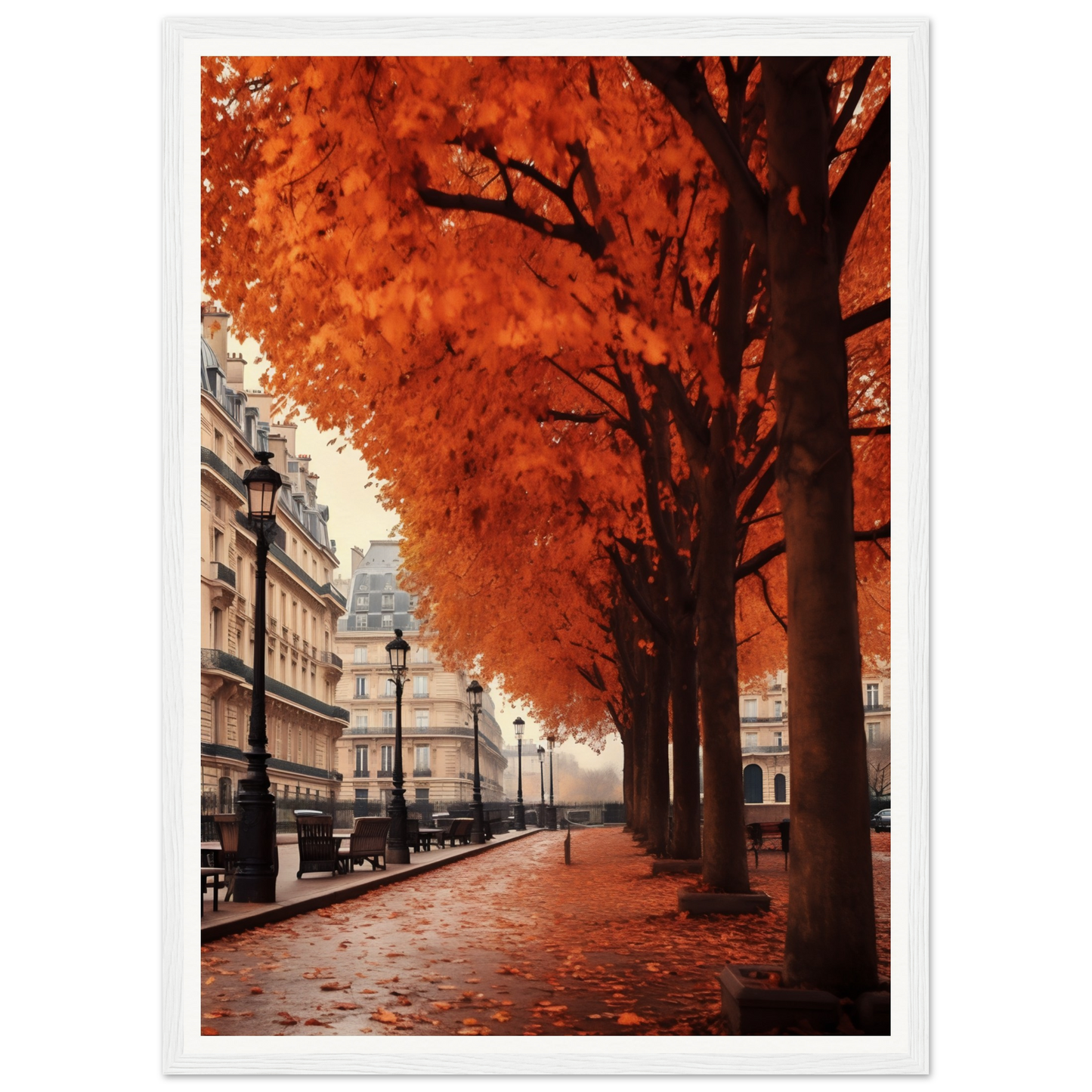 A photo of a street with trees and benches