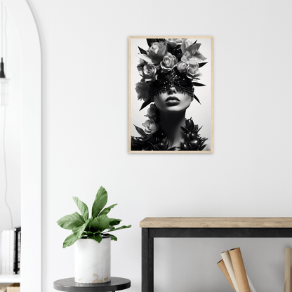 Striking black and white portrait of a figure adorned with floral and leaf elements obscuring the upper face.