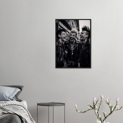 Black and white framed photograph of punk rockers with mohawks yelling.