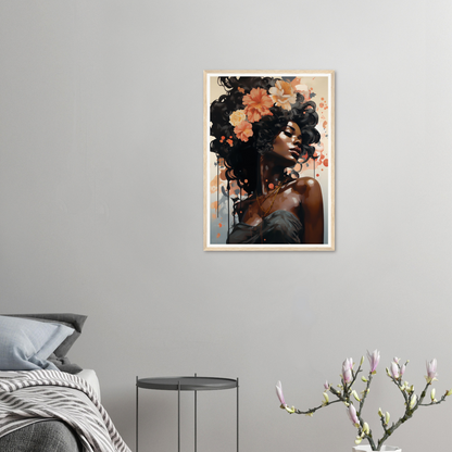 Framed portrait of a woman with flowers in her hair, painted in a vibrant, expressive style.