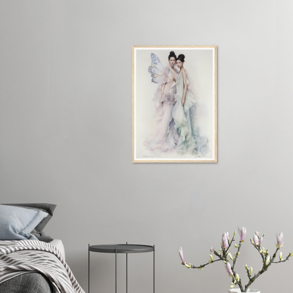 Framed watercolor painting of an ethereal figure in soft pastel hues.