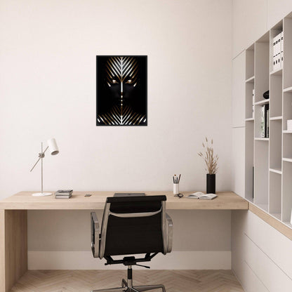 Minimalist home office workspace with a wooden desk, black office chair, and wall-mounted shelving unit.