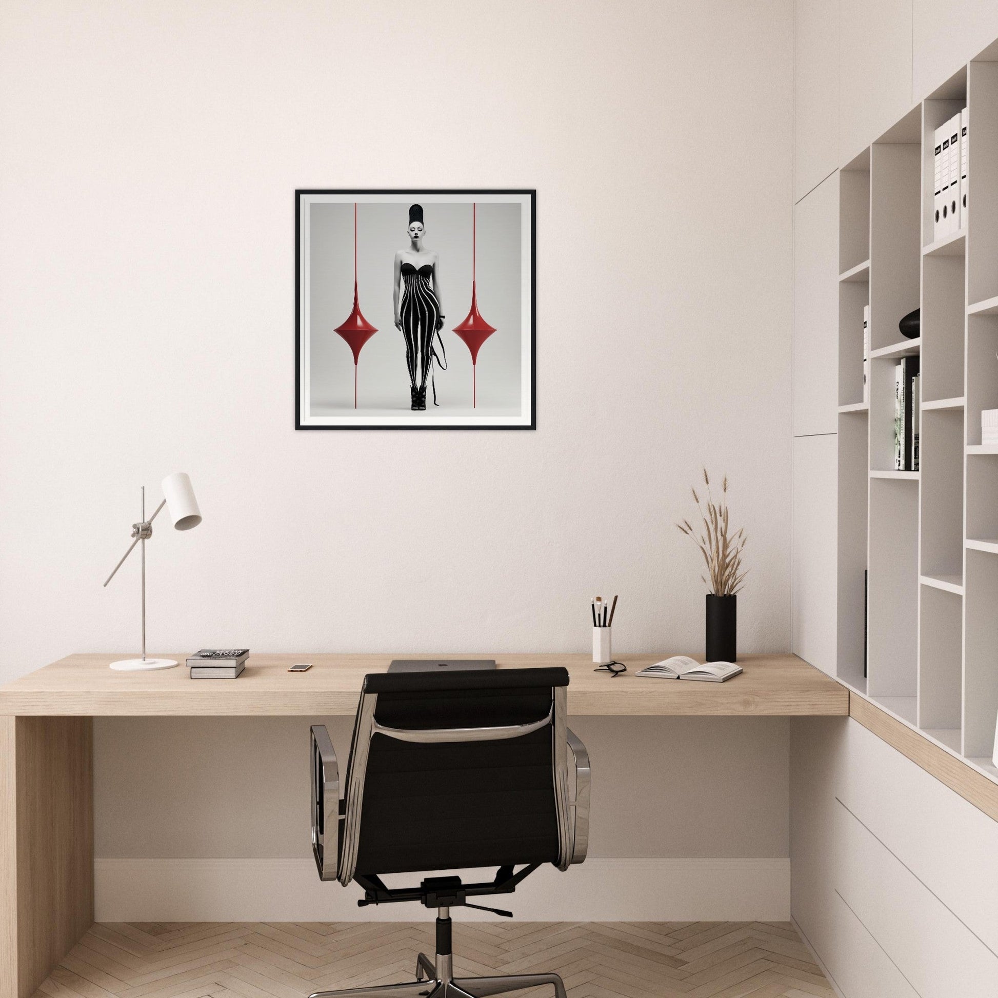 Minimalist home office workspace with a wooden desk, black office chair, and abstract wall art.