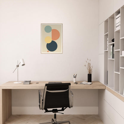 Wooden desk with a black office chair in a minimalist workspace.