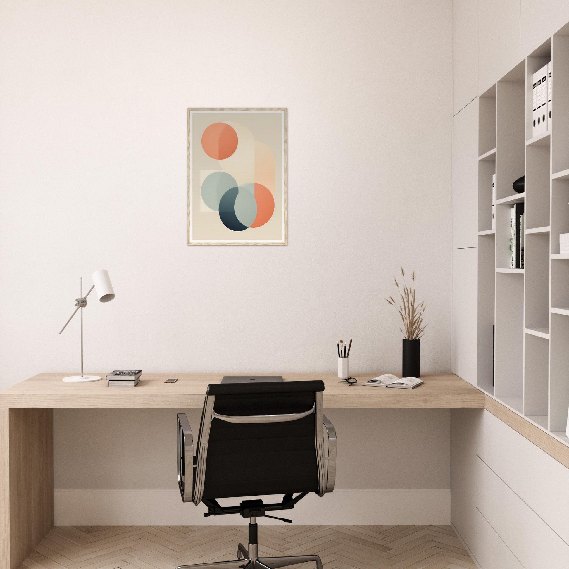 Minimalist home office desk with a modern office chair.