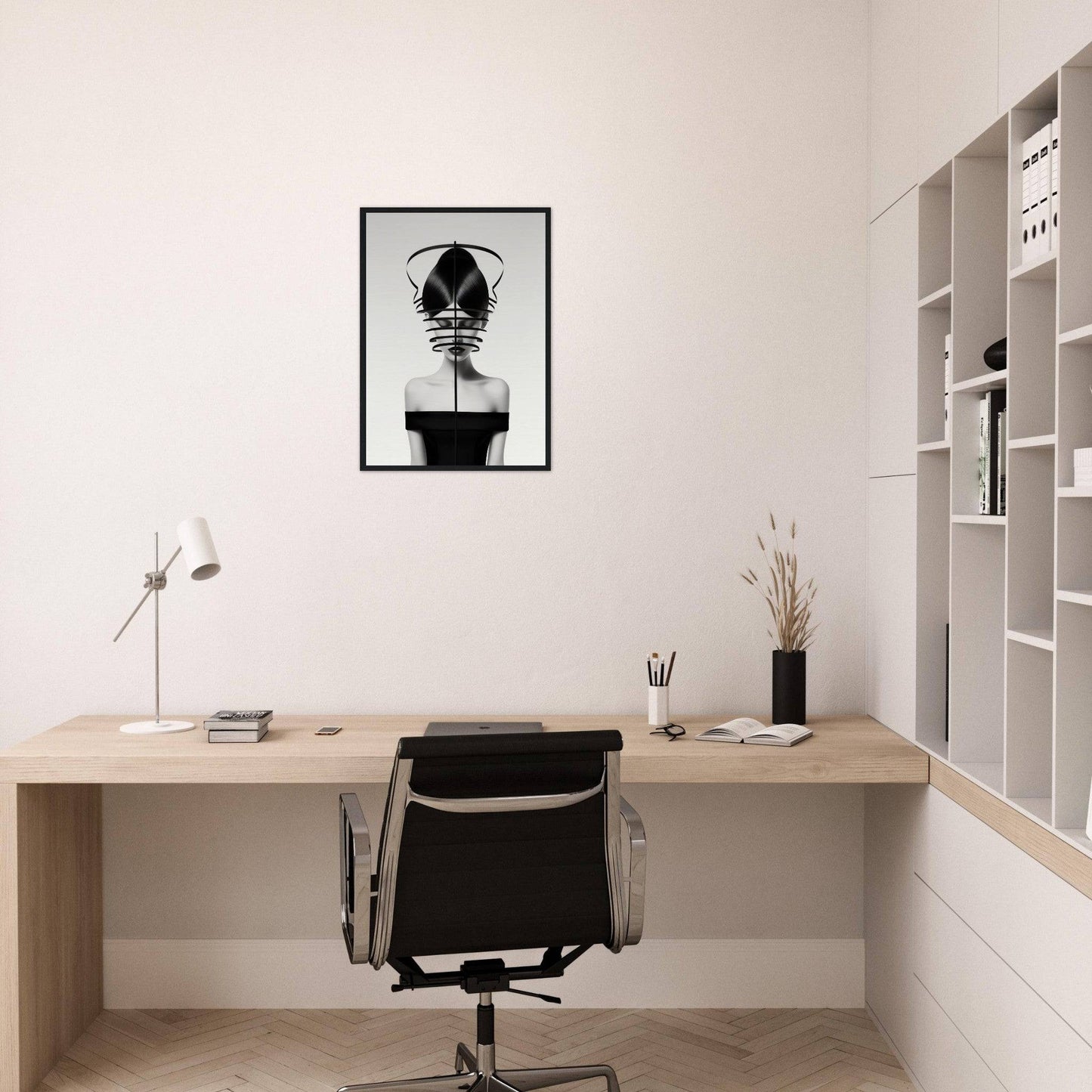 Minimalist home office workspace with a wooden desk, black chair, and framed artwork.