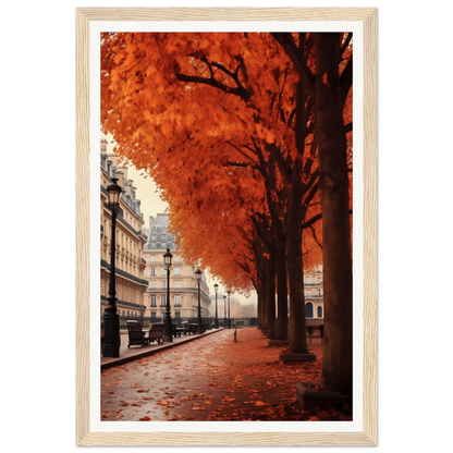 A photograph of a street with trees and leaves