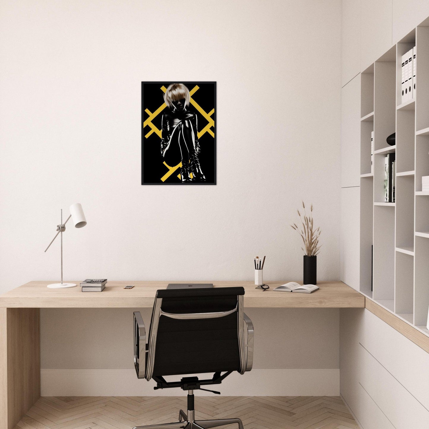 Minimalist home office workspace with a desk, chair, and striking black and yellow artwork on the wall.