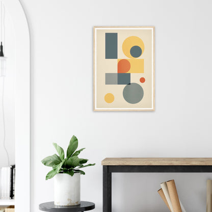 Abstract geometric art print featuring circles, rectangles, and squares in muted colors.