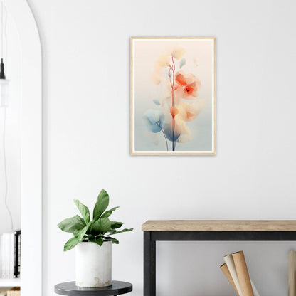 Framed watercolor painting of delicate floral stems with soft red and blue blossoms.