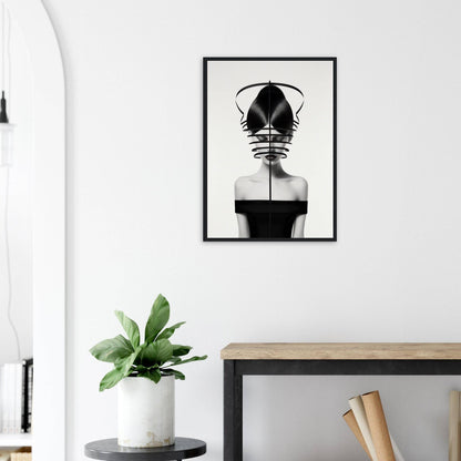 Black and white framed art print featuring an abstract portrait with geometric elements obscuring the subject’s features.