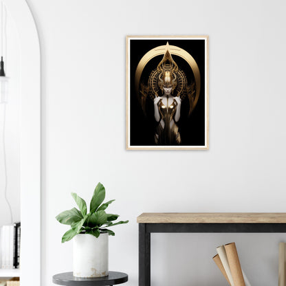 Framed artwork depicting a mystical female figure with elaborate golden headdress and wings.