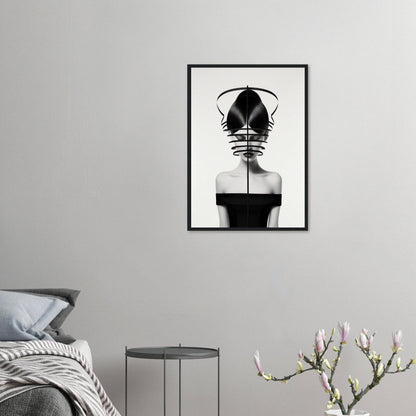 Framed black and white artistic portrait featuring a figure with geometric shapes obscuring the face.