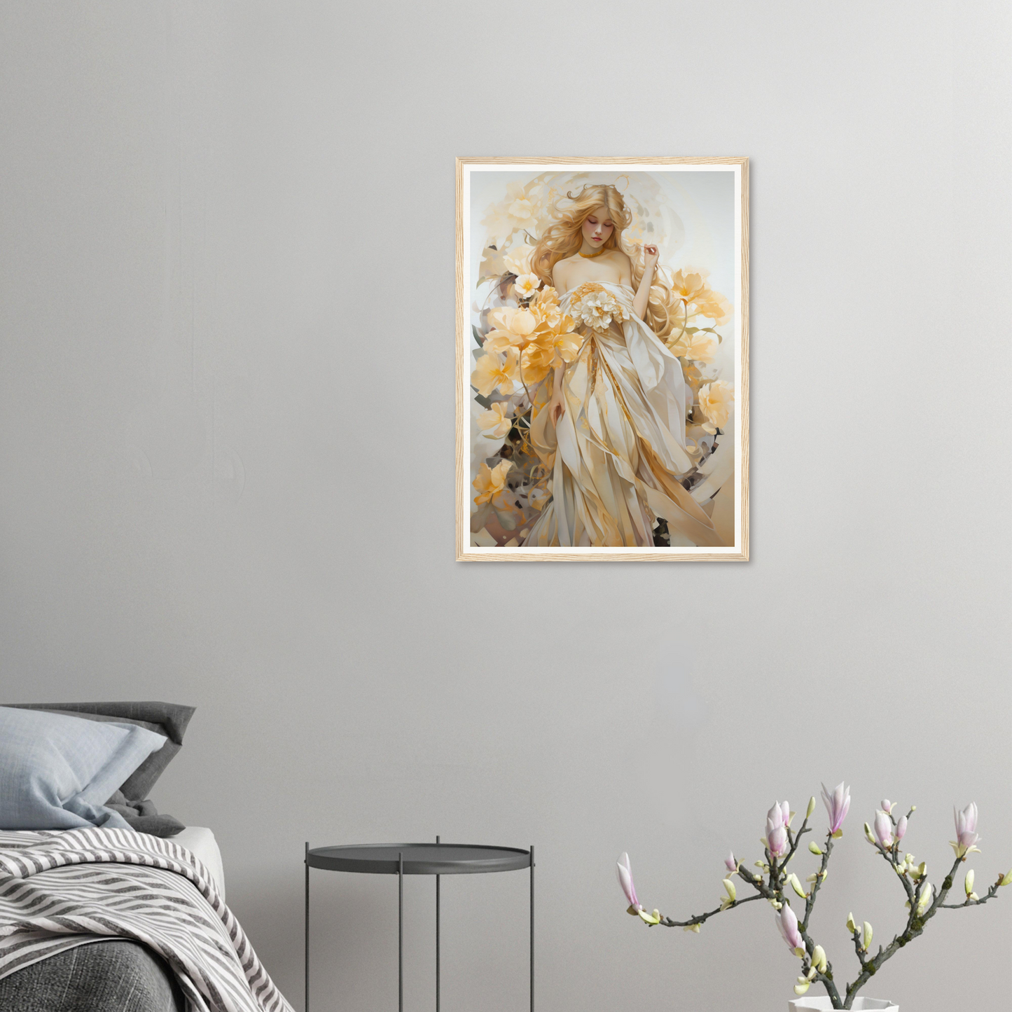 Framed painting of an ethereal woman surrounded by flowers in soft, warm hues.