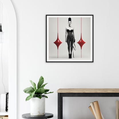 Framed artwork featuring a stylized black and white figure with red diamond shapes.