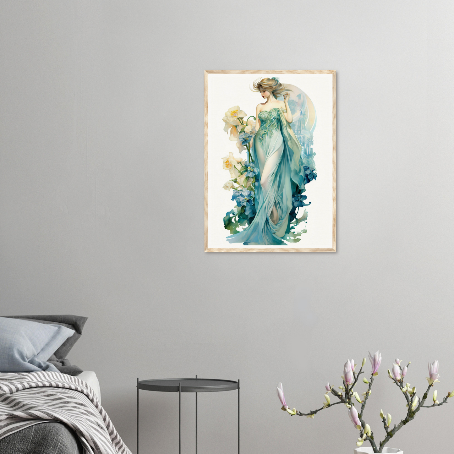 Watercolor painting of an ethereal woman in a flowing blue-green gown.