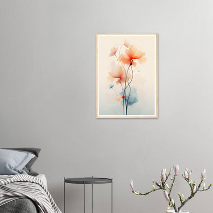 Framed watercolor painting of delicate flowers with soft orange and blue hues.