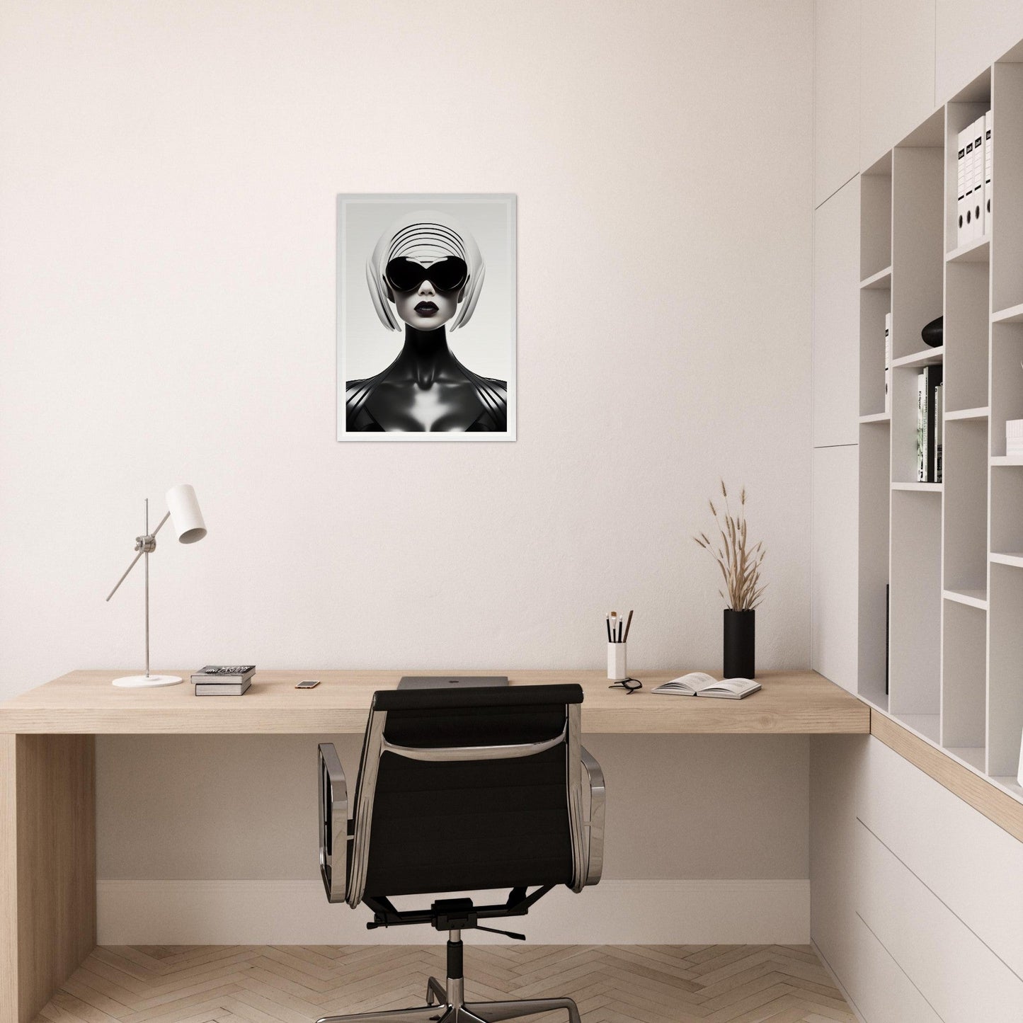 Minimalist home office workspace with a wooden desk, black chair, and striking black-and-white portrait on the wall.