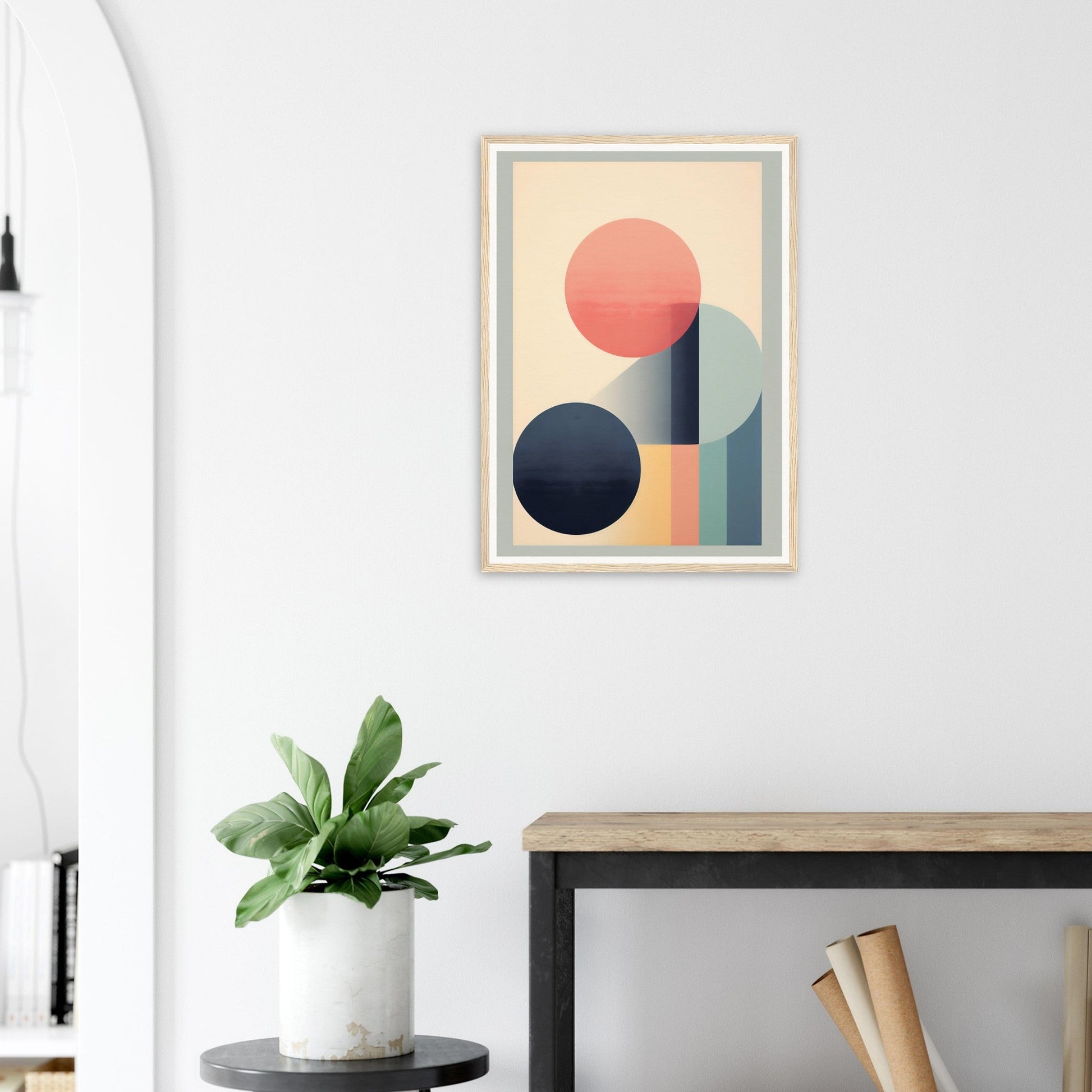 Abstract geometric art print featuring circles and rectangles in muted colors.