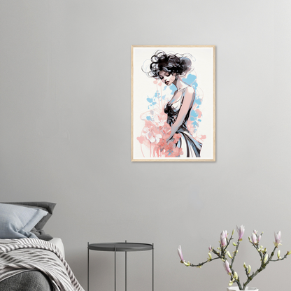 Framed watercolor painting of a woman with dark hair in a graceful pose.