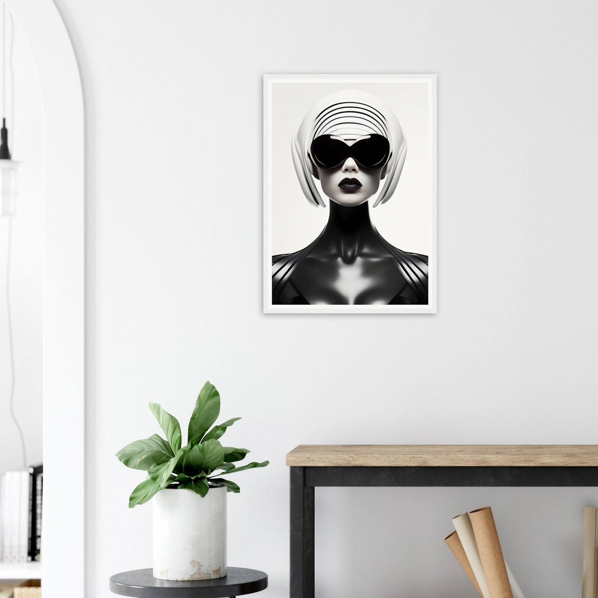 Striking black and white portrait of a figure wearing futuristic sunglasses and a geometric headpiece.