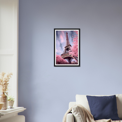 A picture of the eiff tower in paris, france framed in a living room