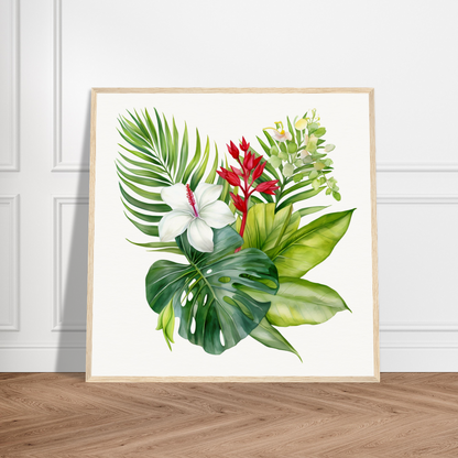 A picture of a painting of tropical plants and flowers on a wall