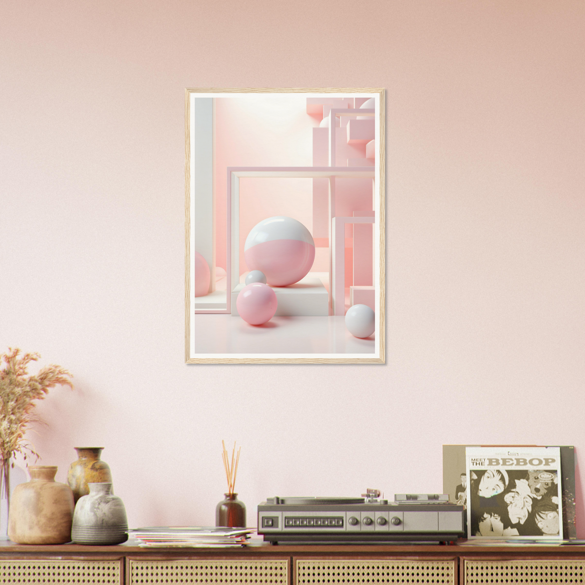 There is a picture of a pink room with a picture of a vase and a vase