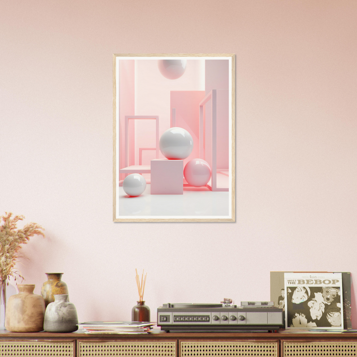 There is a picture of a pink room with a picture on the wall