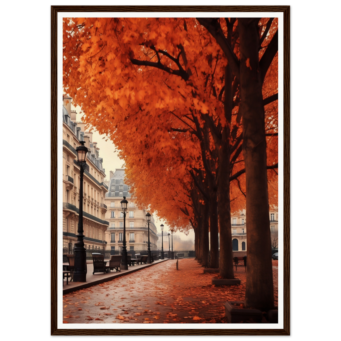 A picture of a street with trees and a bench