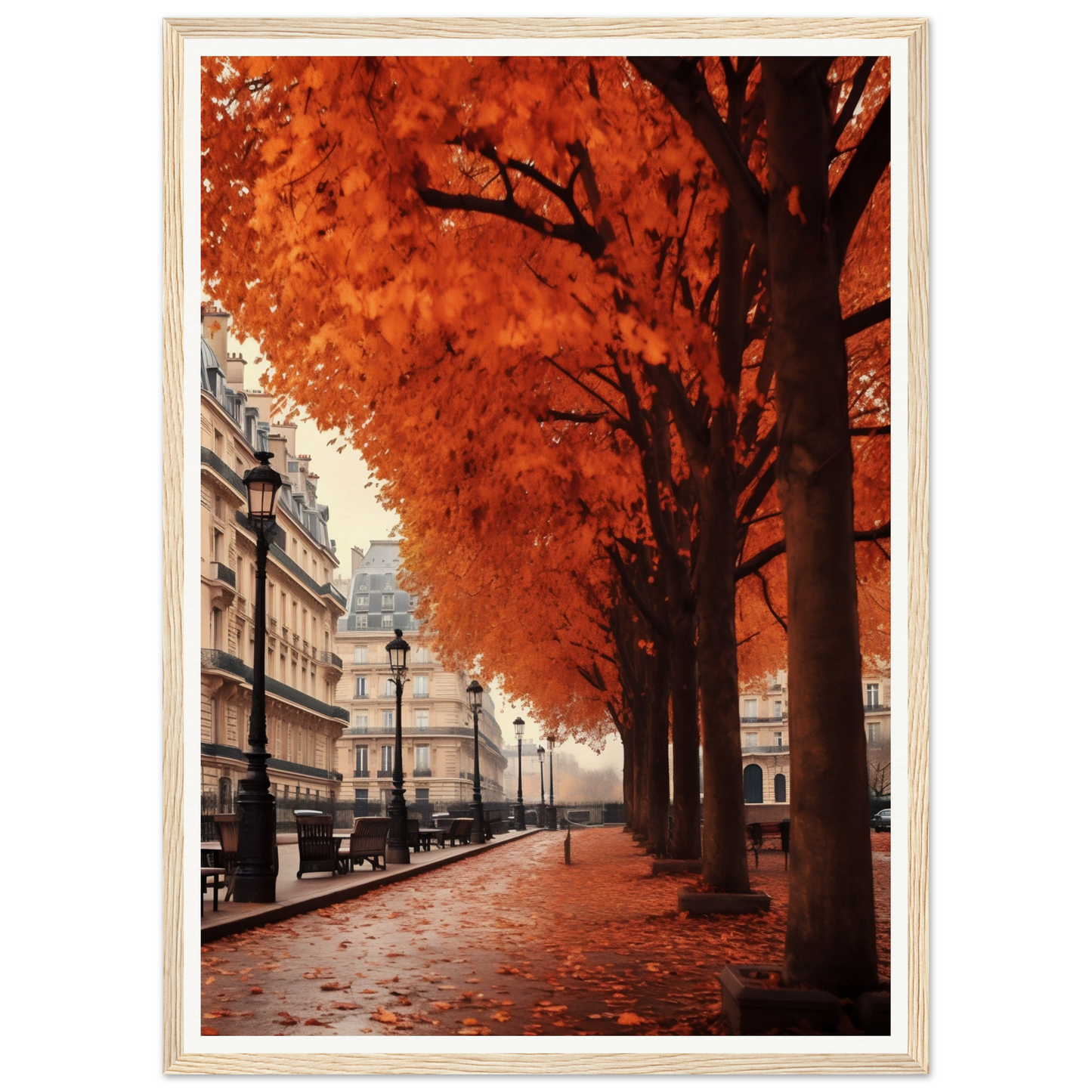 A picture of a street with trees and a bench