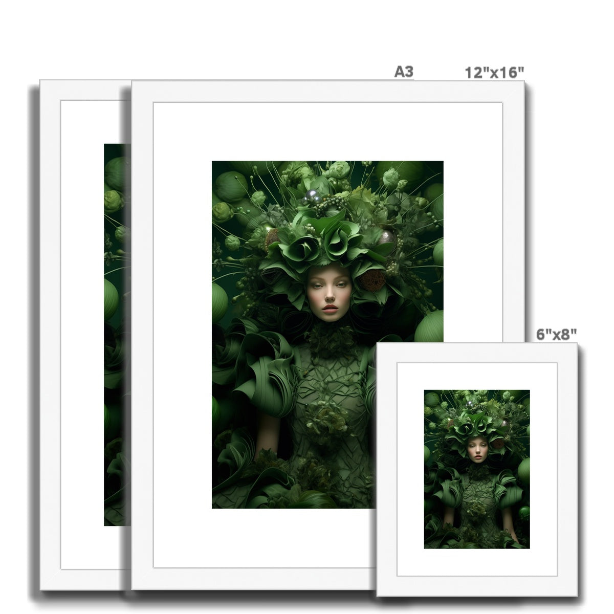 A picture of a woman with a green head surrounded by plants