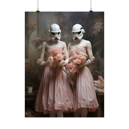 Two figures wearing Stormtrooper helmets and pink dresses holding stuffed animals.