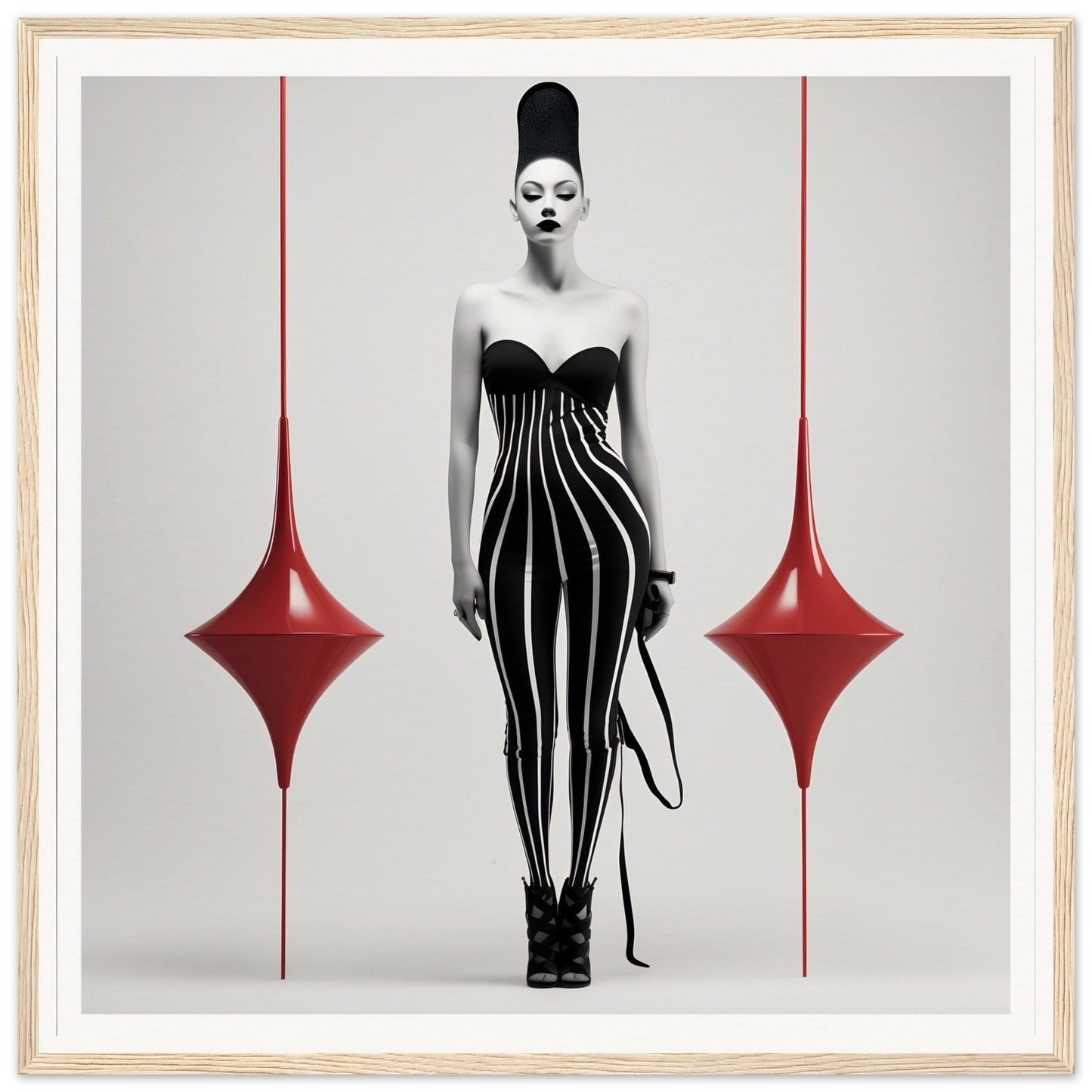 Striking figure in a black and white striped dress with an exaggerated tall hairstyle, flanked by two red teardrop shapes.