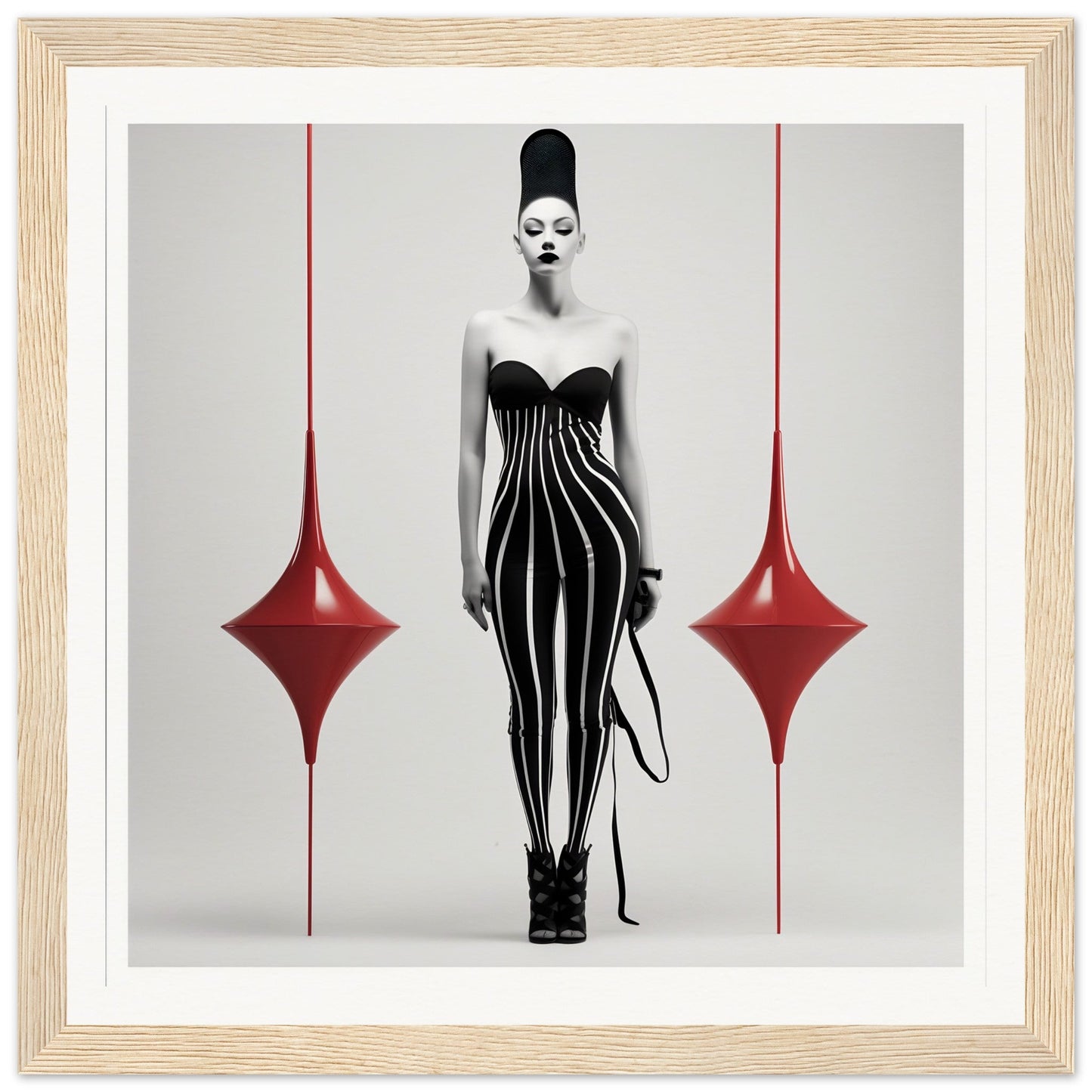 Striking figure in a black and white striped dress with an exaggerated beehive hairstyle.