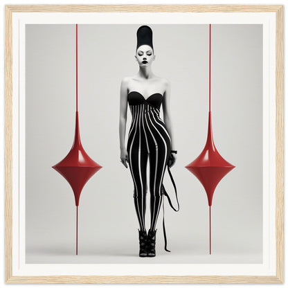 Striking black and white photograph of a figure in an avant-garde striped dress and tall hairstyle, flanked by two red diamond shapes.