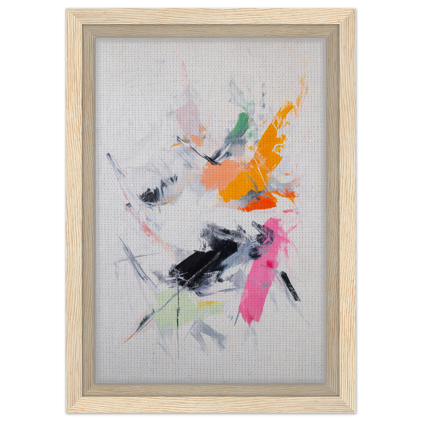 Abstract painting with colorful splashes in a light wooden frame, Pigment Tempest Unfolds