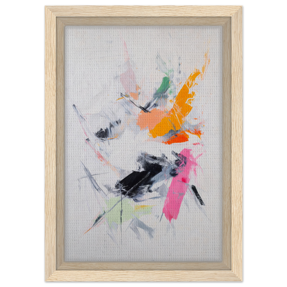 Abstract painting with colorful splashes in a light wooden frame, Pigment Tempest Unfolds