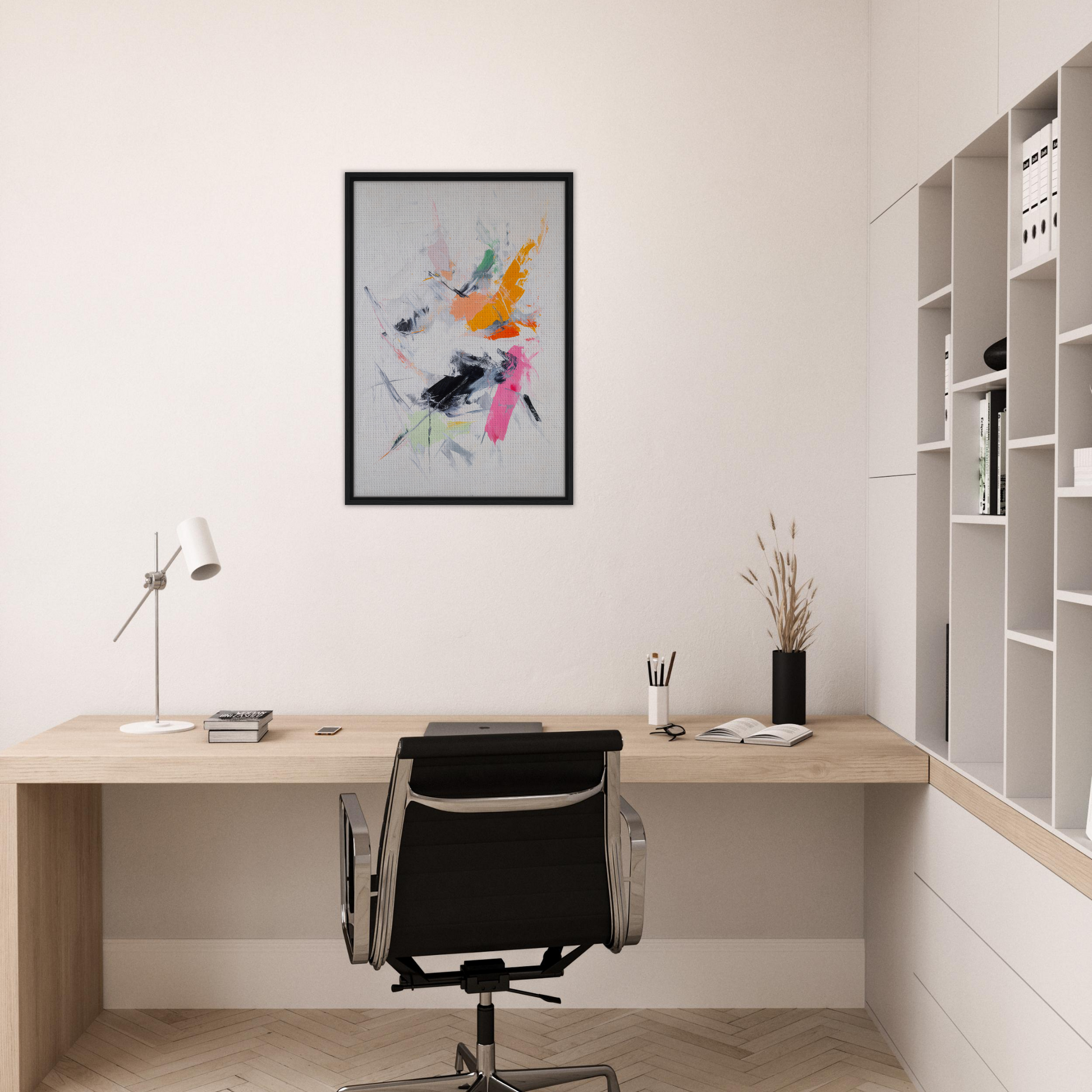 Minimalist home office with Pigment Tempest Unfolds art enhancing modern room decor