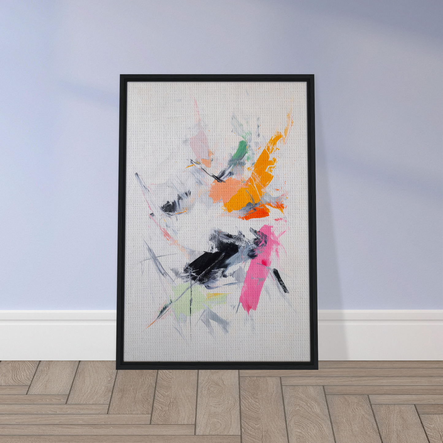 Framed canvas print of Pigment Tempest Unfolds featuring vibrant abstract brushstrokes